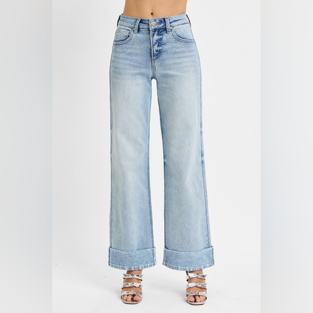 RISEN High-Rise Tummy Control Waist Pants Wide Leg Crop Cuffed Hem Denim Jeans - Picture 11 of 13